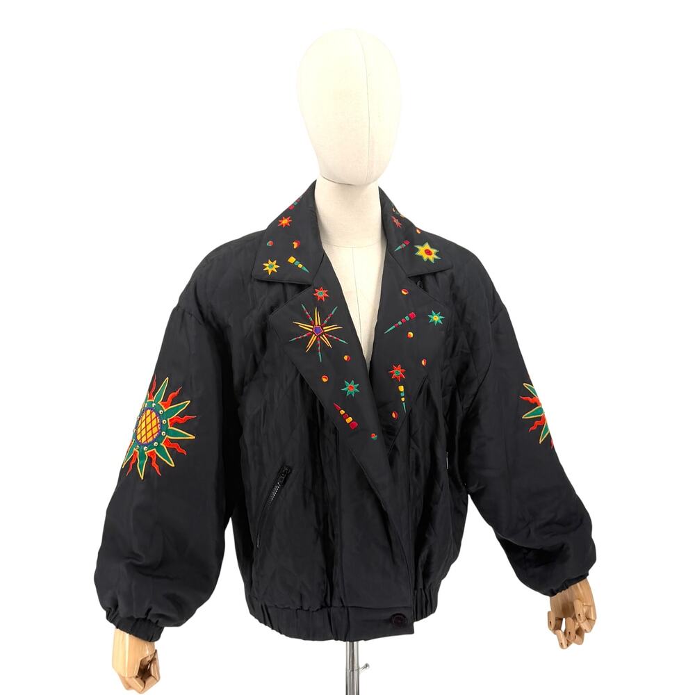 Vintage 90s I.B. Diffusion Black 100% Silk Embroidered Studded Bomber Jacket
